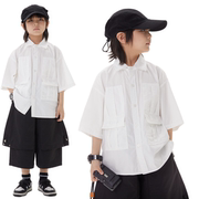 日系男童潮酷高街风宽松白色短袖衬衫中大童，夏季清凉半袖衬衣外套