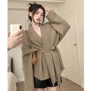 韩国2023春高级感慵懒风毛衣，外套女加厚宽松收腰绑带针织开衫