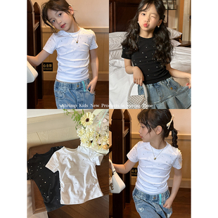 咸蛋小虾米韩国夏装女童烫钻纯棉短袖T恤儿童黑白色时髦半袖上衣