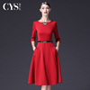 气质红色连衣裙女长袖2023秋冬季赫本风复古显瘦高级感红裙子