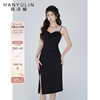 韩语琳黑色吊带连衣裙女夏季高腰纯色长裙，2023年正式场合裙子