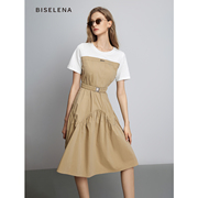 贝茜妮法式设计感假两件连衣裙，女2023年夏季圆领短袖纯棉裙子