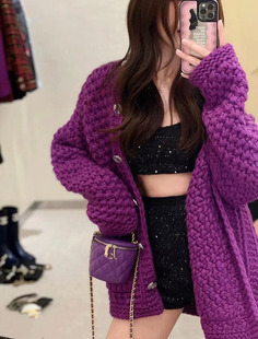 mmz早秋时尚宽松版紫色编织针织，开衫外套粗棒针中长款加厚款毛衣