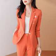 橙色西装外套女秋季2023设计感小众气质女神，范职业装西服套装
