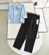 伊系の2023早秋设计感系带娃娃领中袖衬衫+高腰显瘦锥形西裤套装