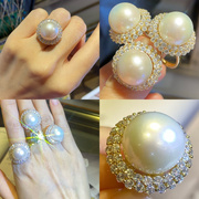 超大天然淡水珍珠戒指大颗粒，爱迪生珍珠戒指，925银豪镶母亲节