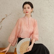 2024春季女装新中式国风，立领绣花上衣，修身女士衬衫粉色禅茶服