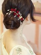 订婚头饰品简单大气新娘回门订婚宴敬酒服造型后脑勺红色发夹流苏