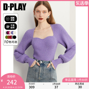 dplay春季红色毛衣气质多巴胺，紫色毛衣法式方领毛衣上衣针织衫女