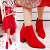 冬季婚鞋女2021年红色粗跟高跟结婚鞋靴子中跟新娘鞋加绒短靴