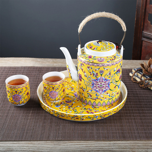珐琅彩陶瓷凉水壶中式仿古提梁，壶家用大容量，冷水壶红色结婚茶具