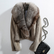 水貂皮大衣女式整貂皮外套，超短款2023冬季时尚超大狐狸毛领