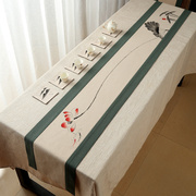 高档手绘桌旗新中式麻布，简约会议室桌布，禅意中国风茶席茶旗