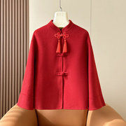 新中式国风盘扣双面羊绒大衣女秋冬小个子红色短款羊毛呢外套