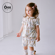oakfamily女童短袖家居服套装，夏季宝宝纯棉翻领，上衣裤子两件套