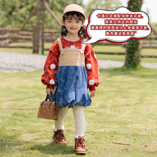minisnbl原创童装 蘑菇蹲 女童兔子印花卫衣背带连衣裙两件套秋季