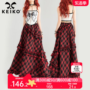 keiko美式复古红色格纹半身长裙，24夏季文艺松紧，高腰a字大摆伞裙