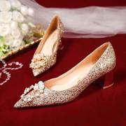 婚鞋2023年秀禾新娘鞋结婚鞋子，秋季高跟鞋女婚纱水晶鞋不累脚
