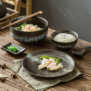 日式复古餐具家用一人食陶瓷碗，具套装饭碗，盘子高颜值个人专用瓷碗