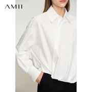 Amii新中式斜门襟长袖全棉衬衫女秋季宽松藏肉显瘦花苞摆白色上衣
