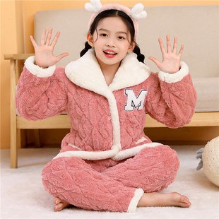 儿童睡衣冬季女童珊瑚绒，加厚款三层夹棉袄，孩法兰绒保暖家居服套装