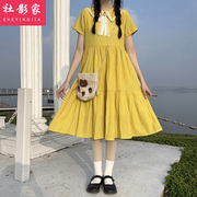 黄色短袖连衣裙少女夏季2024初，中高中学生娃娃，领仙女中长裙子