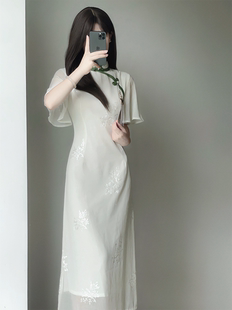 白色雪纺绣花倒大袖，旗袍2023年夏季新中式国风，少女温婉淑女连衣裙