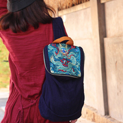 米娅原创龙纹民族风刺绣国潮森系慵懒水桶，包双肩(包双肩)包背包(包背包)棉麻布包包