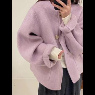 反季宽松紫色圆领短款双面羊绒大衣女小香风小个子羊毛呢外套2024