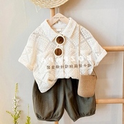 2023夏季中小童韩版镂空短男童套装袖衬衫宝宝时尚宽松两件套