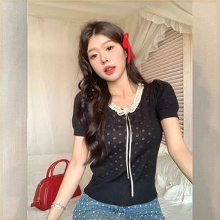 韩系甜美蕾丝镂空蝴蝶结针织短袖T恤女夏季百搭修身显瘦短款上衣