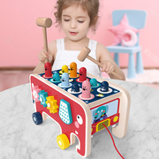 儿童木制卡通大象拖拉打地鼠男女宝宝敲击打桩台木质托拉车玩具