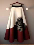 红色撞色玫瑰印花半身裙秋冬高端欧货洋气，半裙原创设计感女装长裙