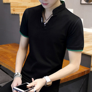 时尚男半袖t恤夏季立领短袖，黑色v领薄款体恤，潮流修身天上衣p0401c