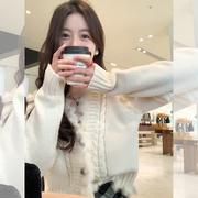 韩系校花 韩版长袖短款米白开衫上衣女春季修身小个子毛衣