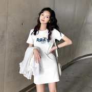 韩版时尚纯棉T恤裙连衣裙女夏季2023宽松印花短袖中长款上衣