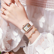 瑞士女士手表旋转山茶花真皮镶钻方形手表防水女生时装表