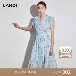 landi蓝地2023年夏季浅蓝色v领印花碎花连衣裙女雪纺中长裙子