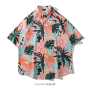 From Mars悠闲的度假时光 粉色火烈鸟夏威夷风短袖潮牌宽松bf衬衫