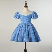 女宝宝周岁礼服儿童亮片泡泡袖女童礼服公主裙蓝色钢