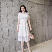 glec大码女装夏装2024年时尚，优雅圆领短袖，修身蕾丝连衣裙显瘦