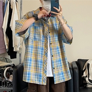蓝黄格子衬衫男夏季短袖，高级感美式慵懒chic外套oversize情侣衬衣