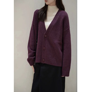 温柔紫色针织衫 之禾女装春夏羊毛混纺V领长袖开衫毛衣外套