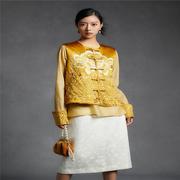 aimmesparrow时尚金黄色，龙年刺绣新中式，外套白色植物纹理半身裙
