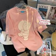 纯棉包领粉色卡通植绒短袖T恤女夏季宽松日系少女休闲中袖上衣女