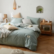 。新日式(新日式)简约素色，双拼水洗棉，床单四件套纯色纯棉被套床笠单人