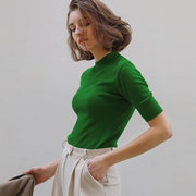 半高领打底衫女春秋季修身短袖绿色，上衣洋气2024五分袖针织衫