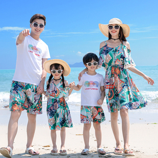 沙滩亲子装夏装一家三口四口套装三亚海边度假拍照洋气母女连衣裙