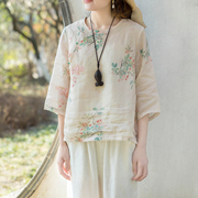 念江南新中式苎麻高端女装原创上衣设计小众圆领禅意复古棉麻衬衫