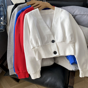 韩版小个子V领长袖外套女红色开衫辣妹上衣J¥C时尚休闲洋气